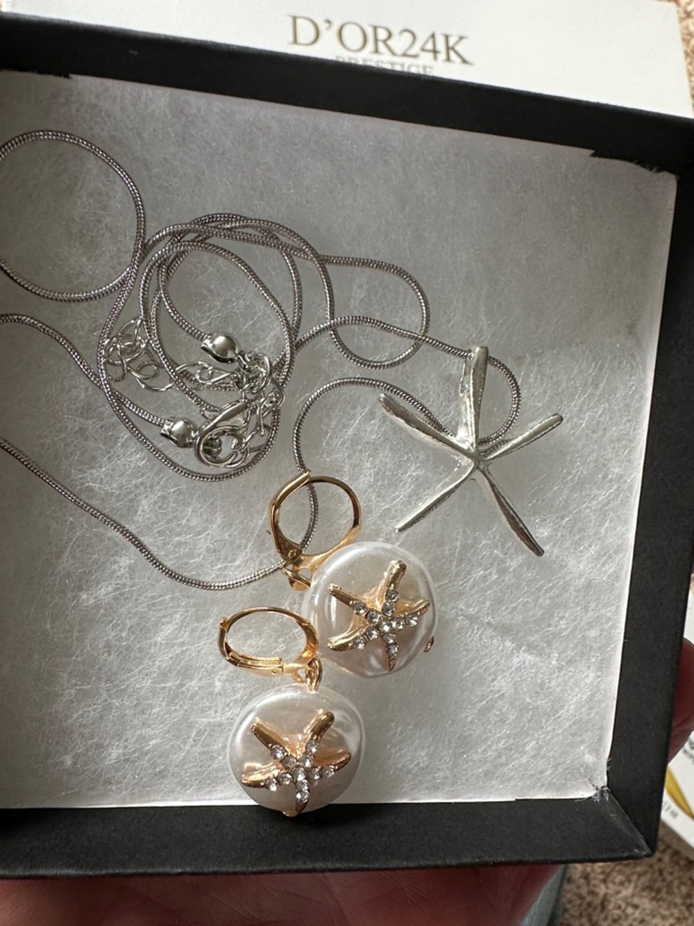 Gold & Silver Starfish Pearl Drop Earrings and Pendant Set - White